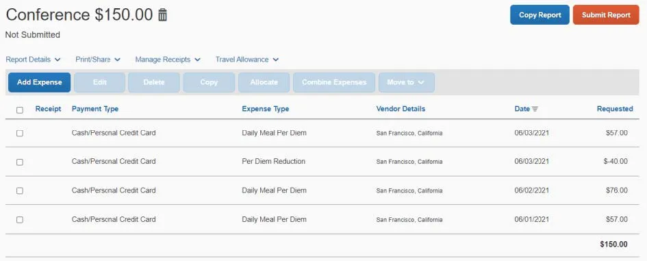 The Expense Report is ready to add additional expenses or to Submit into approval workflow. 