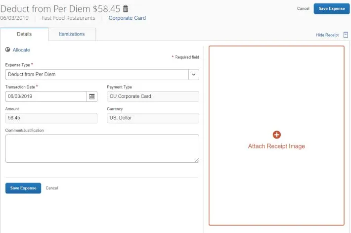 Change the Expense Type to Deduct from Per Diem.