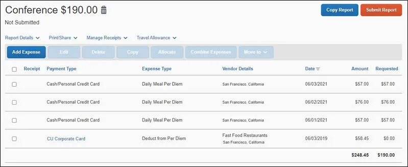 The Expense Report is ready to add additional expenses or to Submit into approval workflow. 