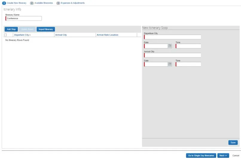 Click Create New Itinerary to create a new itinerary for this Report.