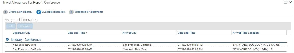 The Itinerary is assigned to your Report. 