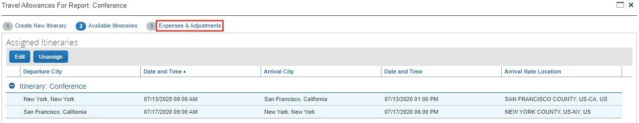 Select your Itinerary and click Expenses & Adjustments.
