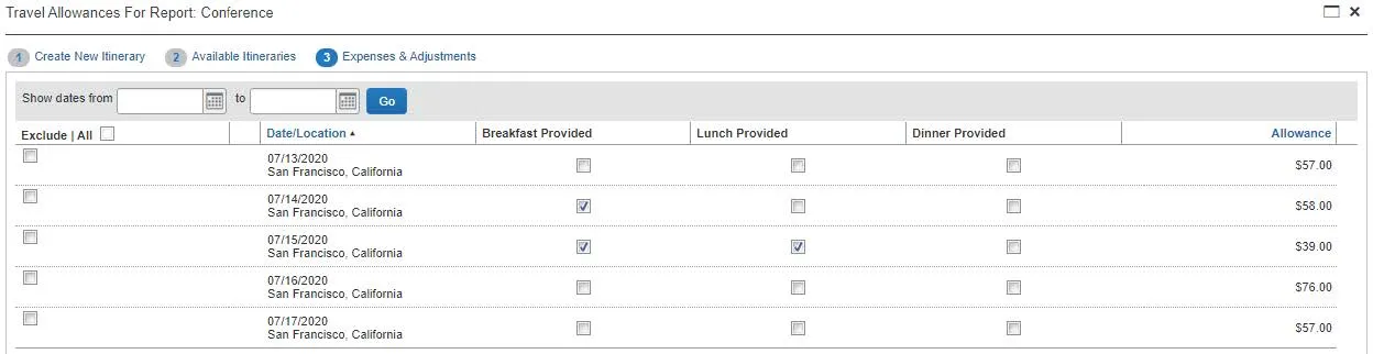 Select the check boxes to exclude those meals in order to adjust the allowance. 