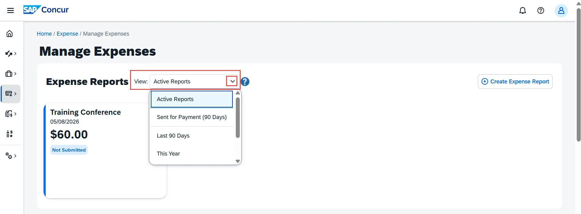 Manage Expenses View dropdown