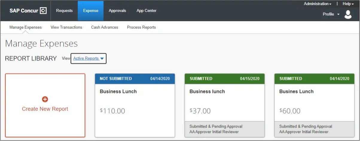 In Concur, click the Expense tab. The Report Library View displays Active Expense Reports.