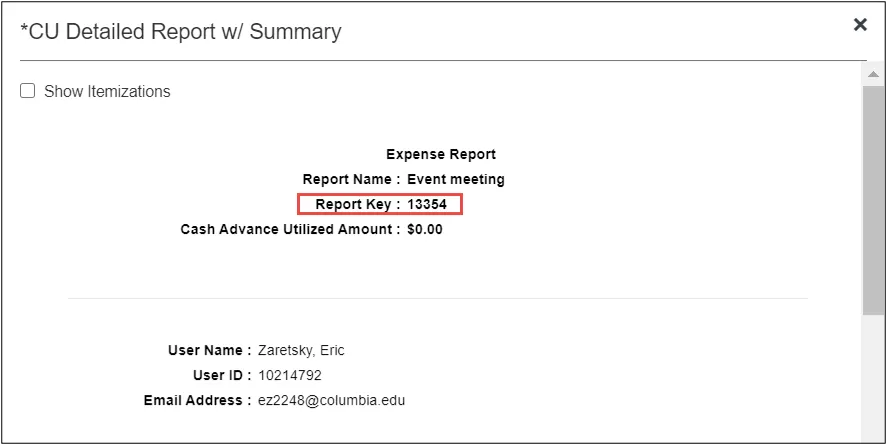 The CU Detailed Report w/ Summary window displays the Report Key.