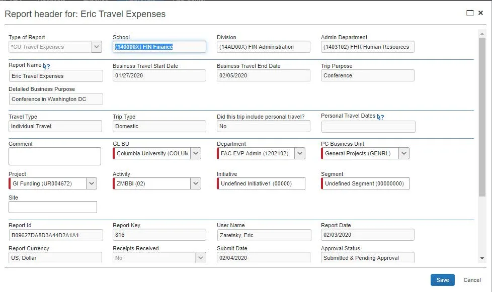 The Report Header window appears.