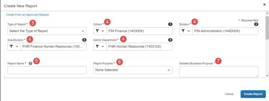 Click the Create New Report button. The Create New Report screen appears.