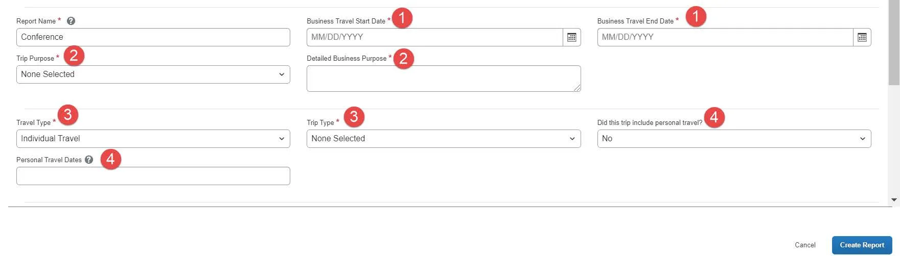 Enter the Business Travel Start Date and the Business Travel End Date.