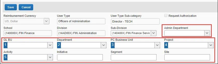 Click Request Information or the Expense Information link to display the ChartString form. 