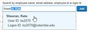 Type your Search using last name, UNI, email, etc. A list of matches appears.