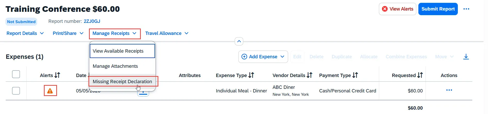 Select Missing Receipt Declaration