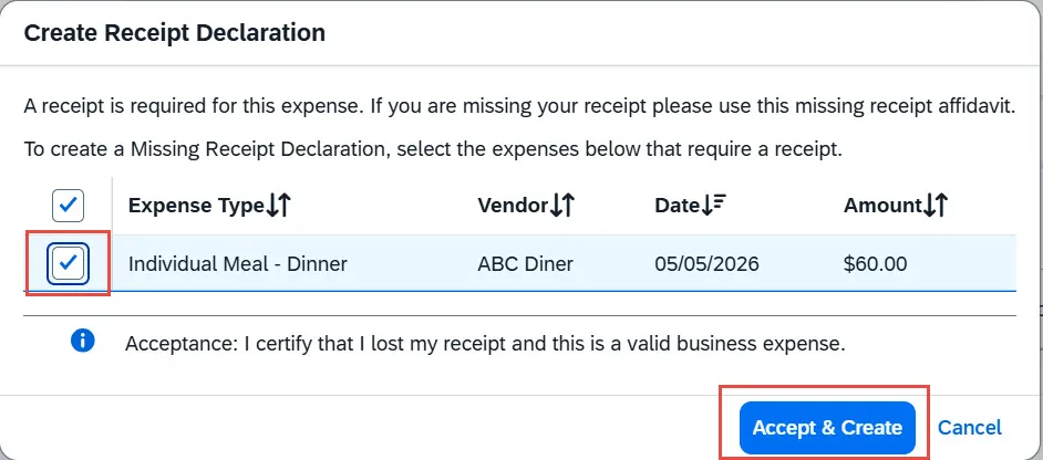 Select Expense Item missing receipt