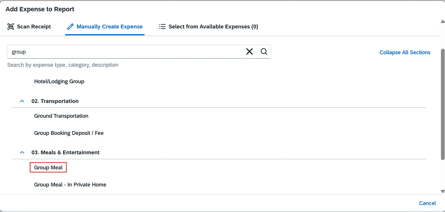 Manually Create Expense Group Meal