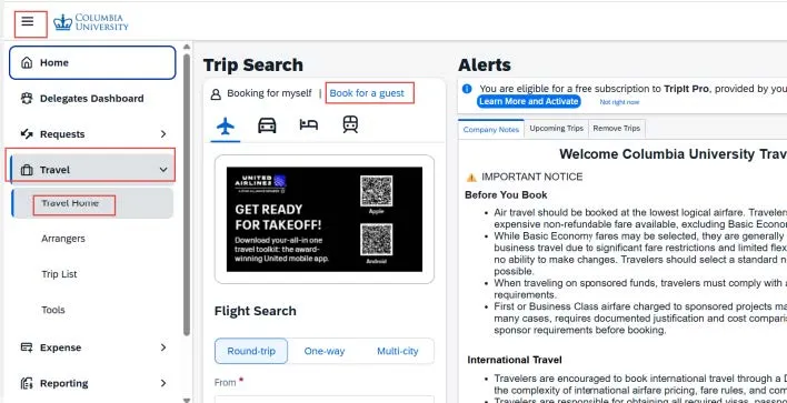 Concur homepage with the travel dropdown menu item highlighted. 