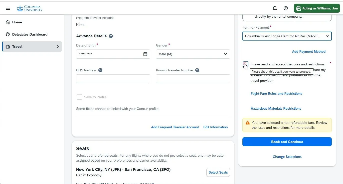 Frequent Travel Account window. Advanced Details highlighted. 