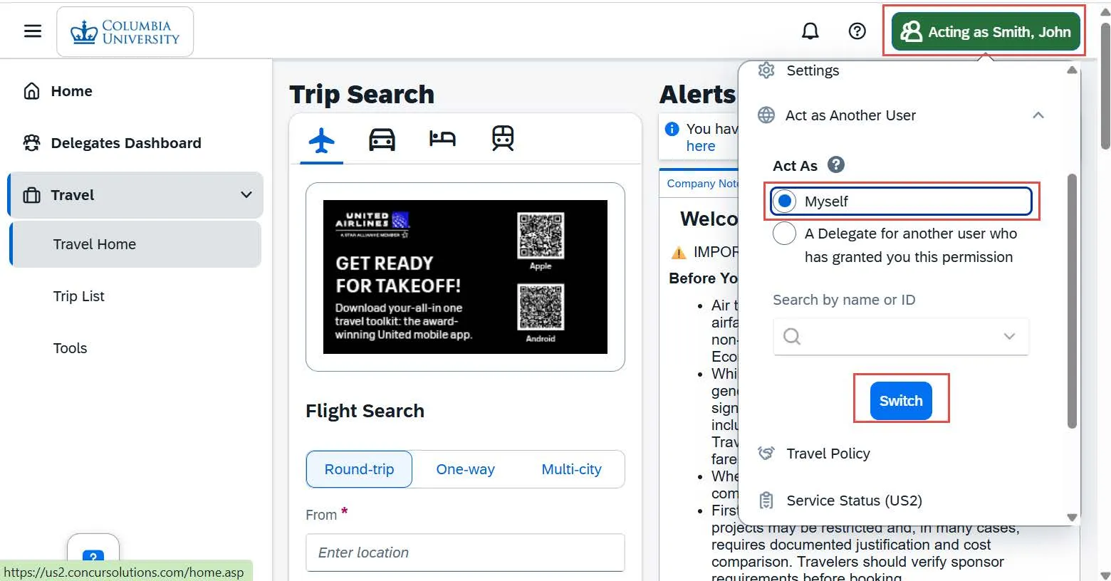 Acting as drop down menu highlighted in Concur with "Act as Myself" fields highlighted. 