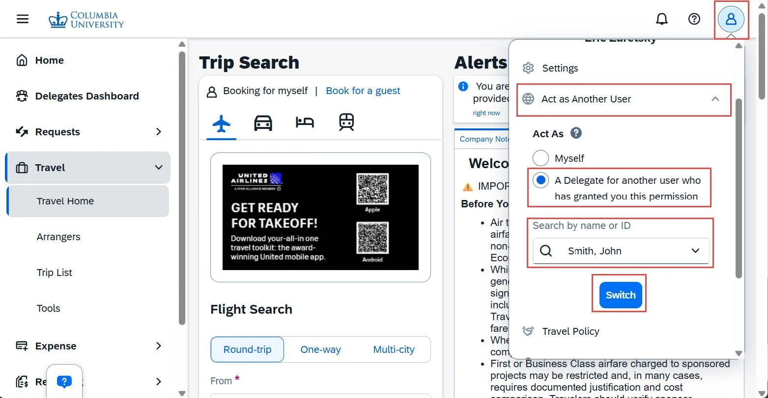 Acting as drop down menu highlighted in Concur with "Act as Another User" fields highlighted. 