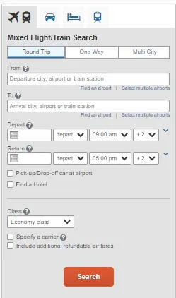 The Search panel expands to display additional fields for departure times and additional options for adding rental car, hotels and other details in the search.