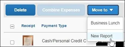 Click the Move to dropdown and select to add the transaction to an unsubmitted Expense Report or to a New Report. 