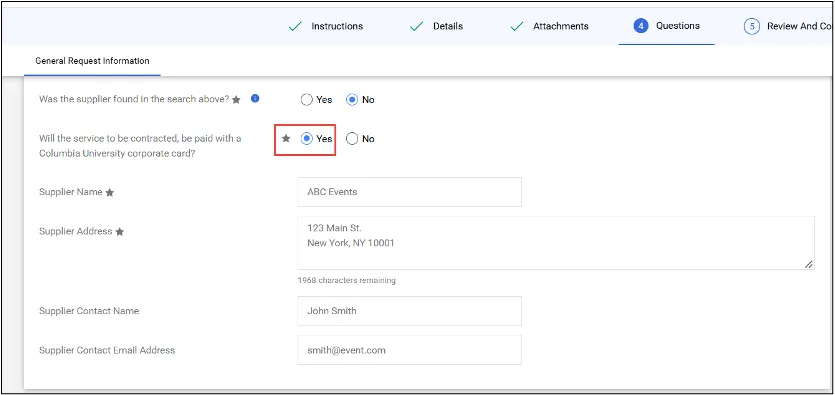 Screenshot of General Request Information fields