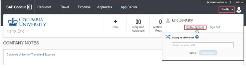 Enter your UNI and Password and click Login. Your Concur dashboard appears. 
