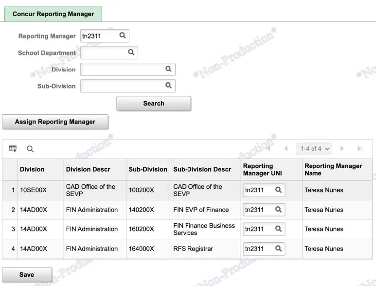 Click Search. The results show the assigned Reporting Manager for each Sub-Division (level 6). 