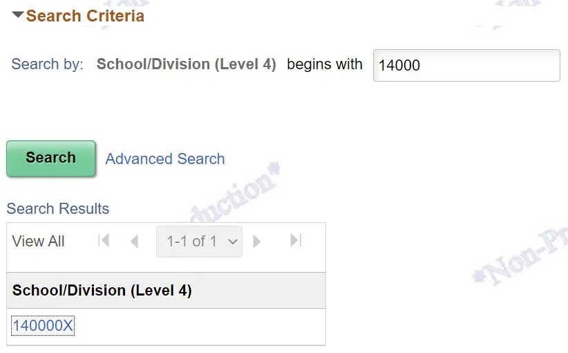 Enter the School/Division (Level 4) number to Search for your School/Division and click Search. The matching School/Division(s) appear. 