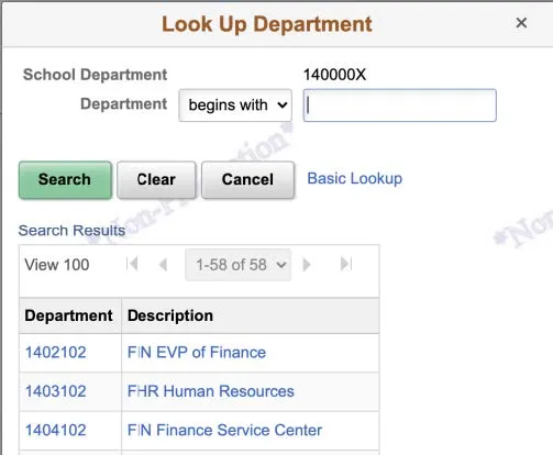 Enter the value for School/Division (level 4) and Department. You can click the Look Up icons to search by Description. 