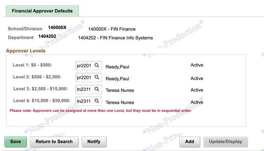 Click the matching Department. The Financial Approver Defaults for the Department appear.