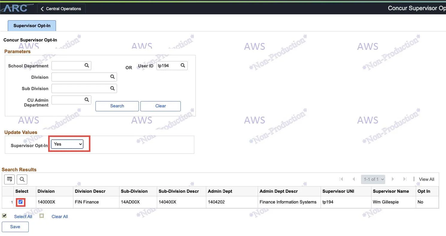 Click the Checkbox(es) from the Select column to select the desired Supervisor(s) to update their Opt-In status. 